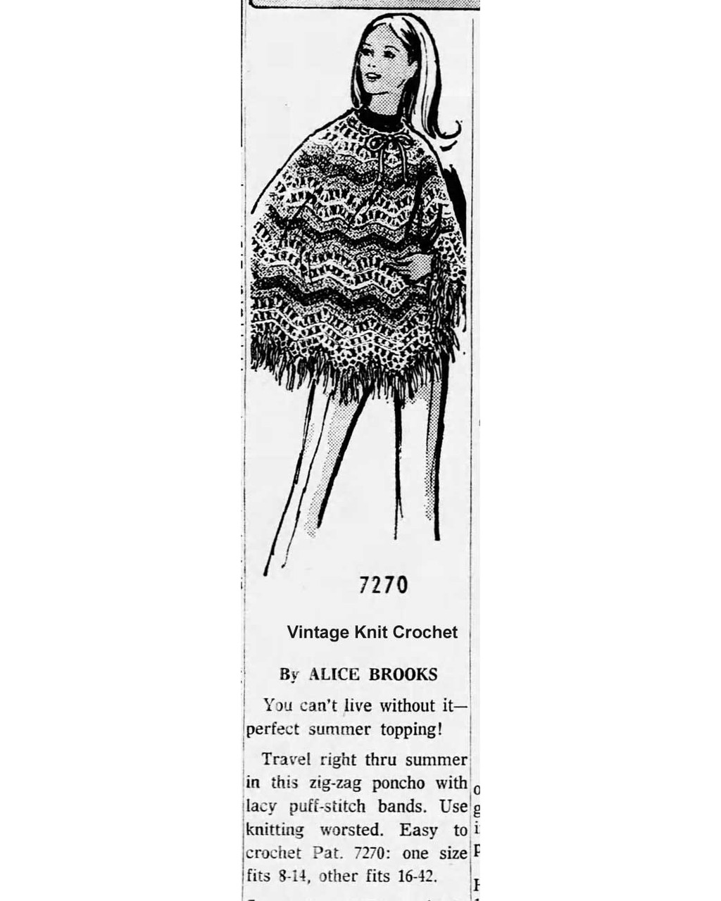 Alice Brooks Design 7270, Crocheted Poncho Newspaper Advertisement