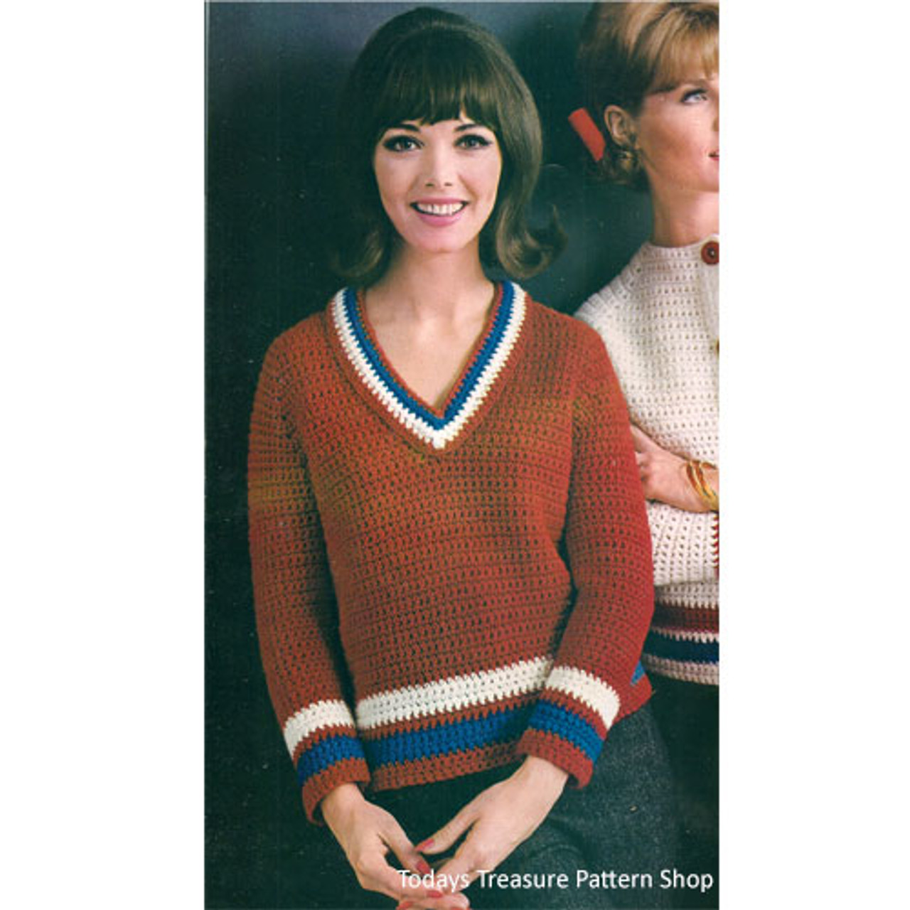 V-Neck Striped Crochet Pullover Sweater, Long Sleeves