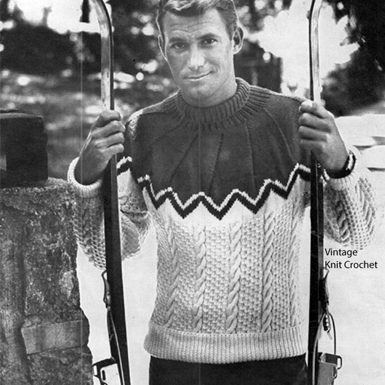 Knitted Mans Ski Sweater Pattern, Contrast Yoke