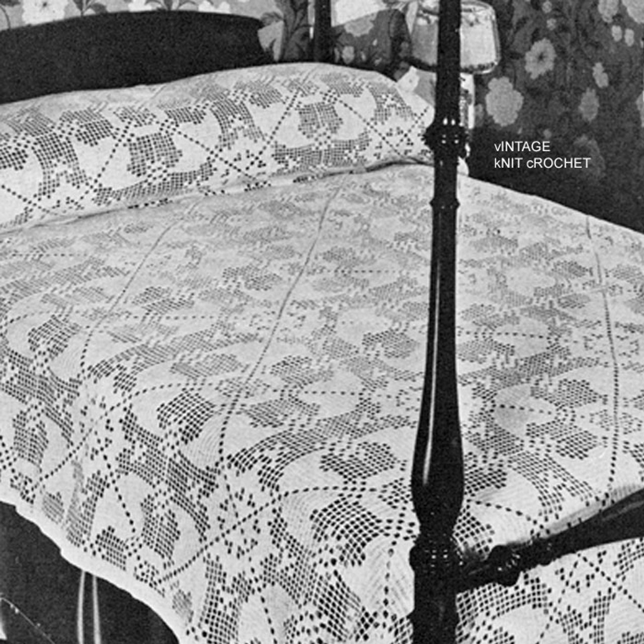 Filet Crocheted Bedspread Pattern, Vintage 1940s