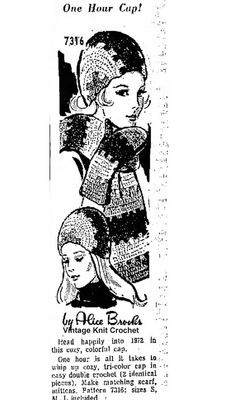 Mail Order Design 7316 Newspaper Advertisement, Cap Scarf Mittens Pattern