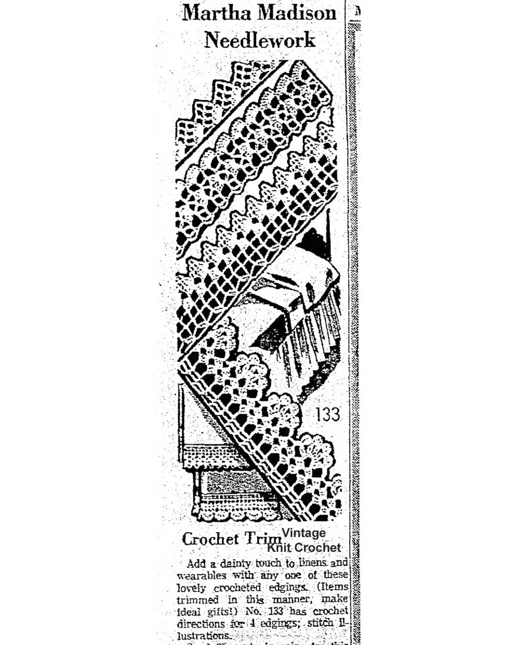 Crochet Edgings Newspaper Advertisement Martha Madison 133