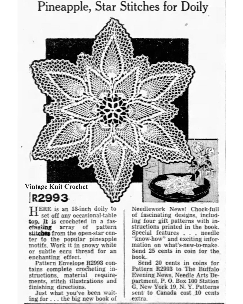 Mail Order No 2993 Crocheted Pineapple Star Doily Newspaper Advertisement 