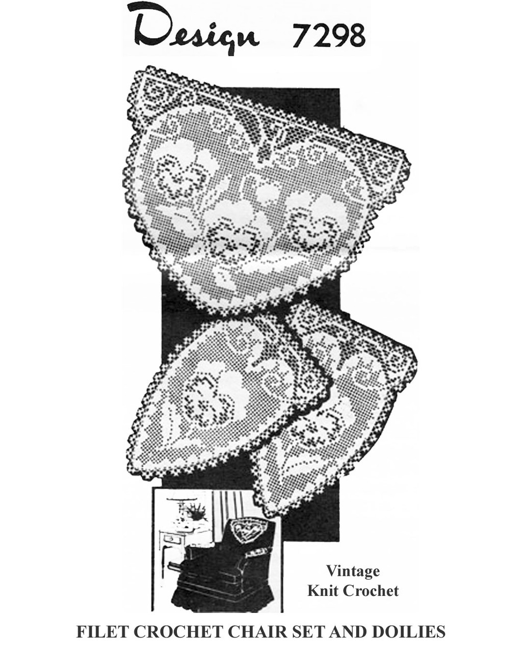 Pansy in heart filet crochet chair set pattern Mail Order Design 7298