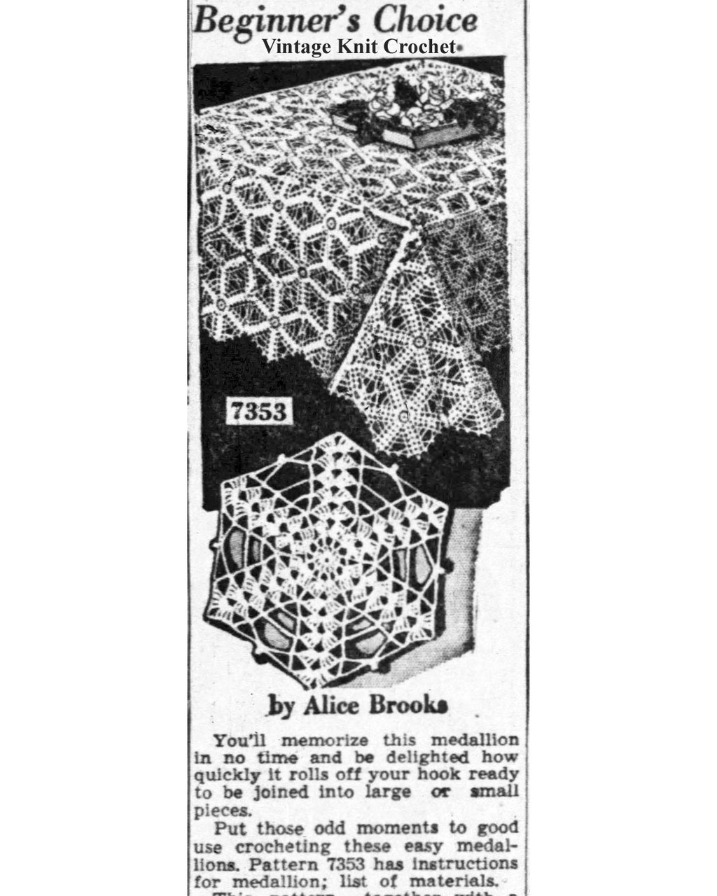 Mail Order Design Pattern 7353 Crochet Motif Newspaper Advertisement 
