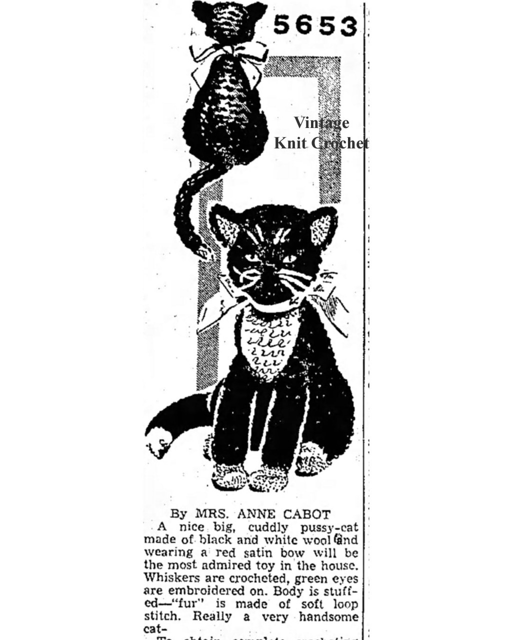 Crochet Cat Pattern, Anne Cabot 5653 newspaper advertisement 