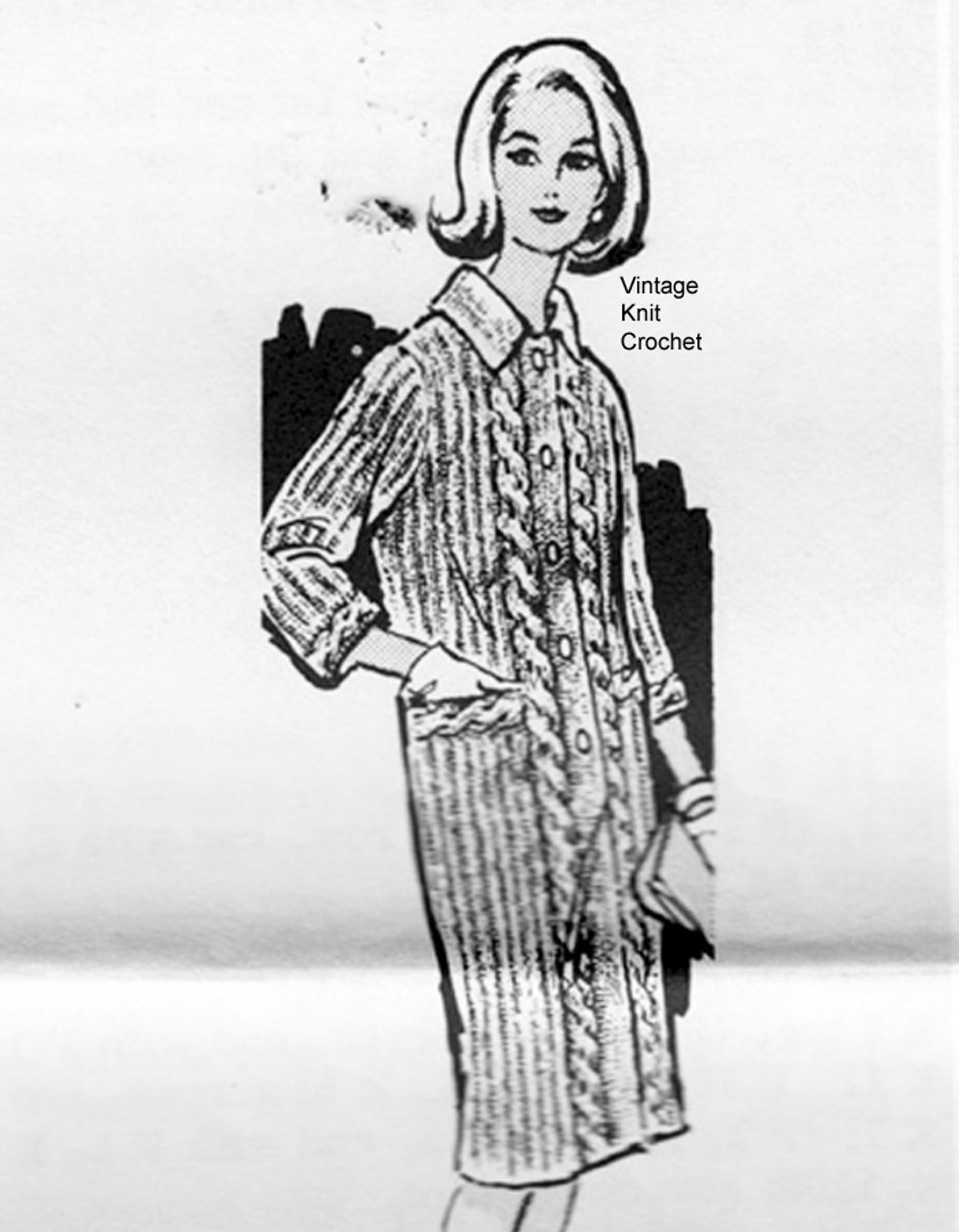 Long Knitted Coat Pattern, Cables, Alice Brooks 7246