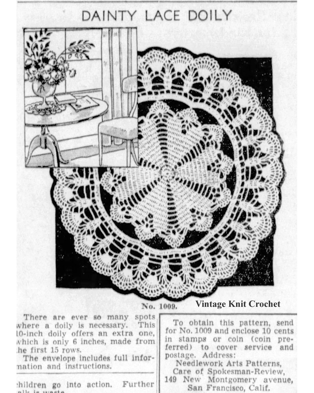 Mail Order Pattern No 1009 Crochet Simple Doily Newspaper Advertisement