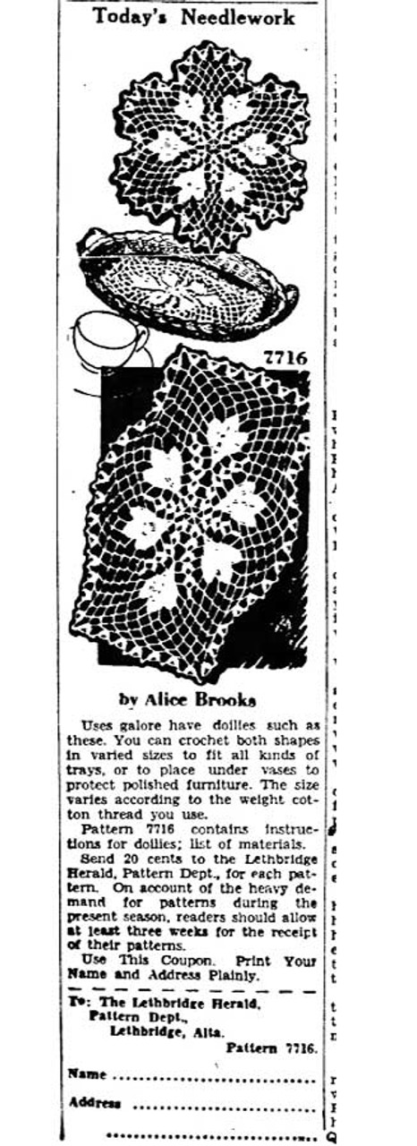 Mail Order Design 7716 Crochet Doilies Newspaper Advertisement 