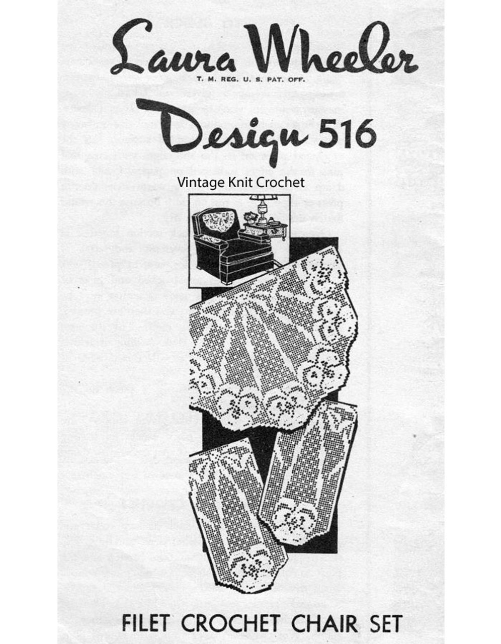 Pansy Filet Crochet Pattern, Chair Set, Design 516