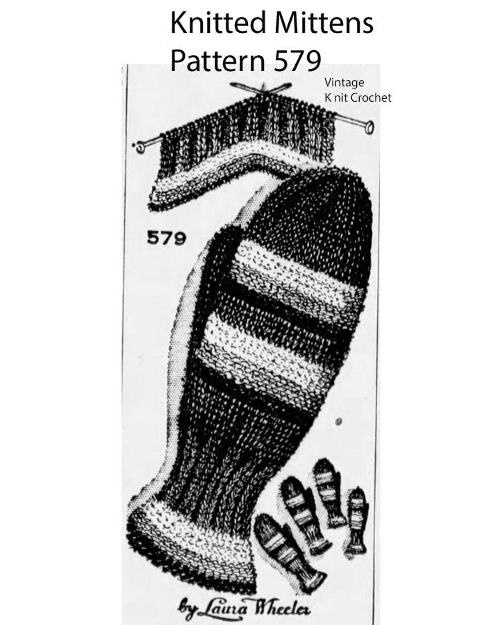 Vintage Childs Knitted Mittens Pattern, Striped Design 579