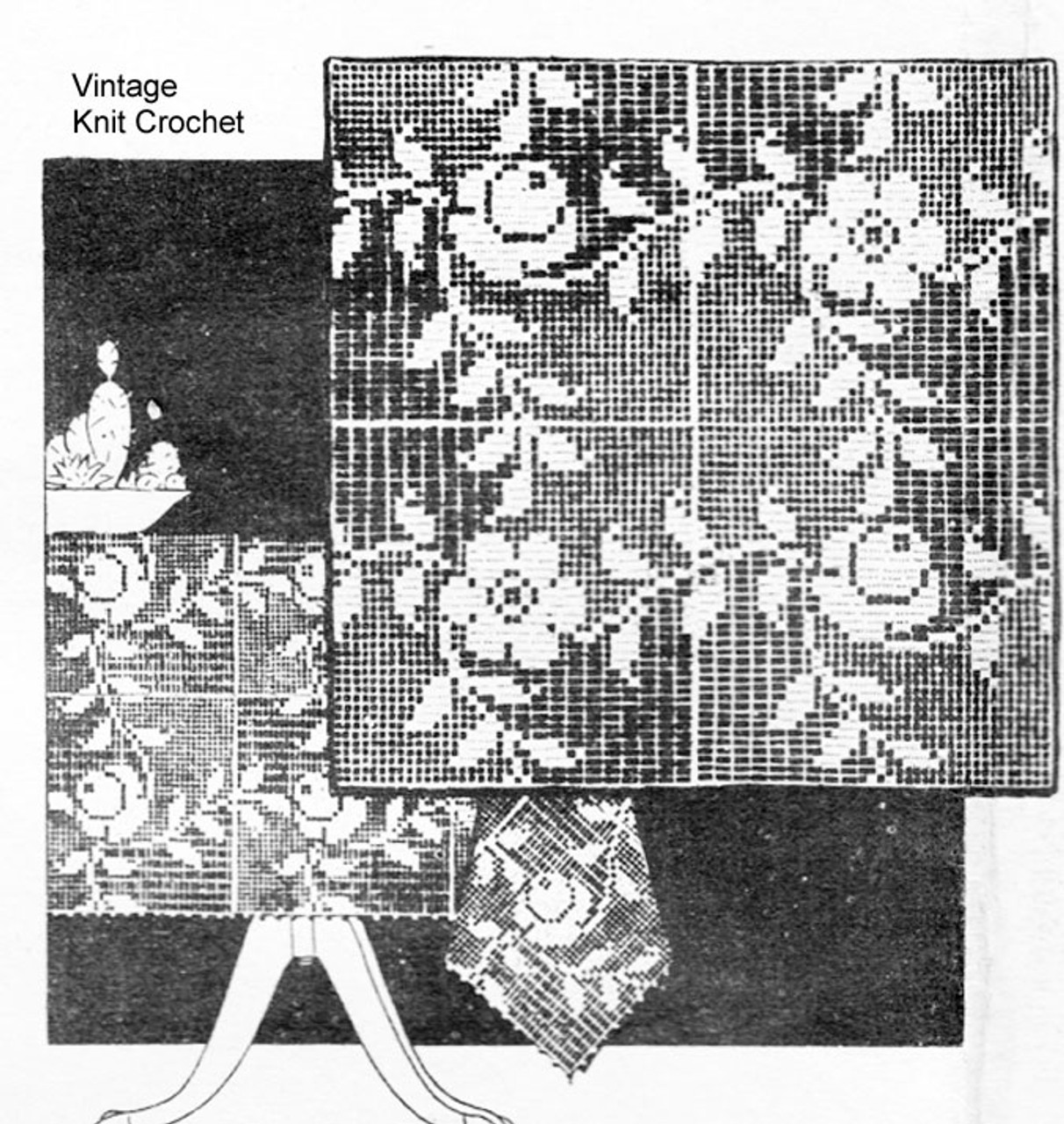 Vintage Filet Crochet Squares Pattern, Dahlia Rose Motif, Design 1410