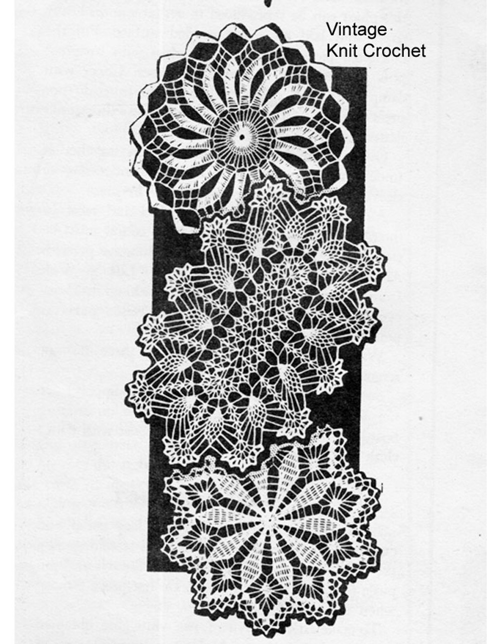 Three crocheted doilies, American Weekly Pattern No 3141