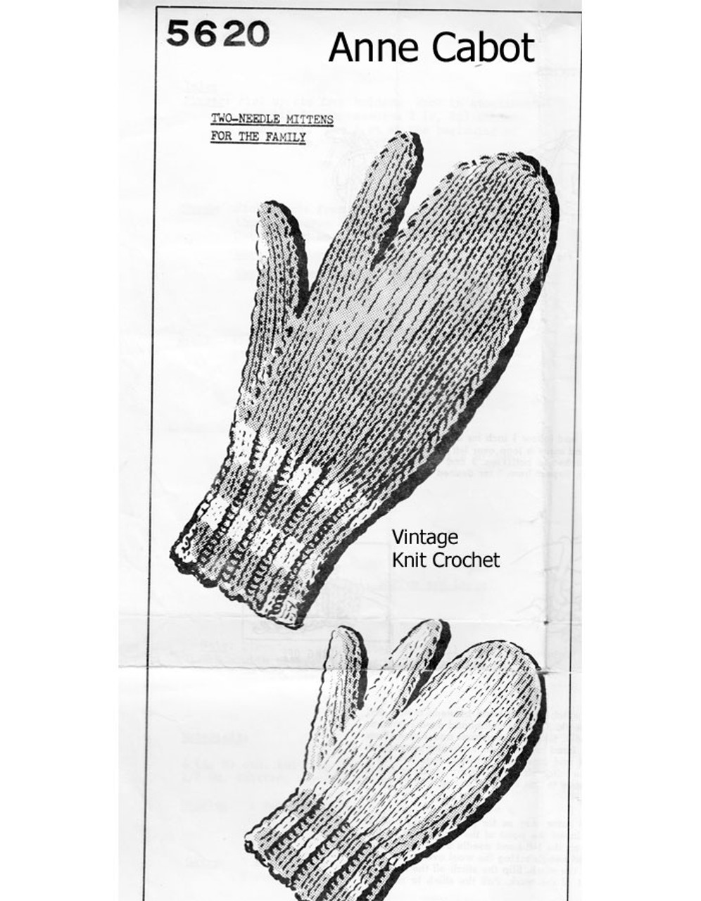 Knitted Family Mittens Pattern, two needle, Anne Cabot 5620