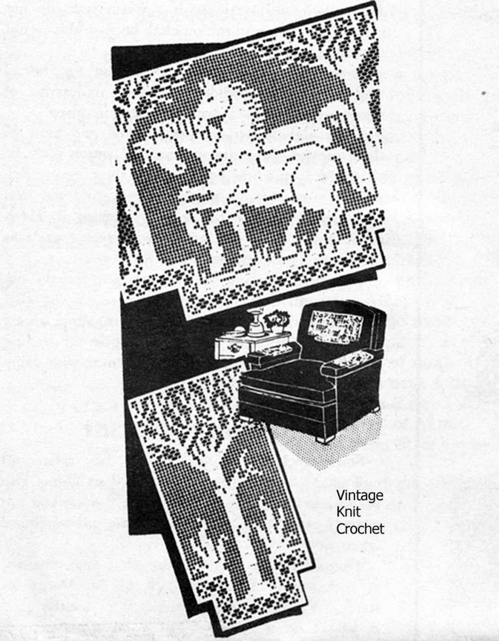 Vintage Filet Crochet Chair Set Pattern, Prancing Horses Laura Wheeler