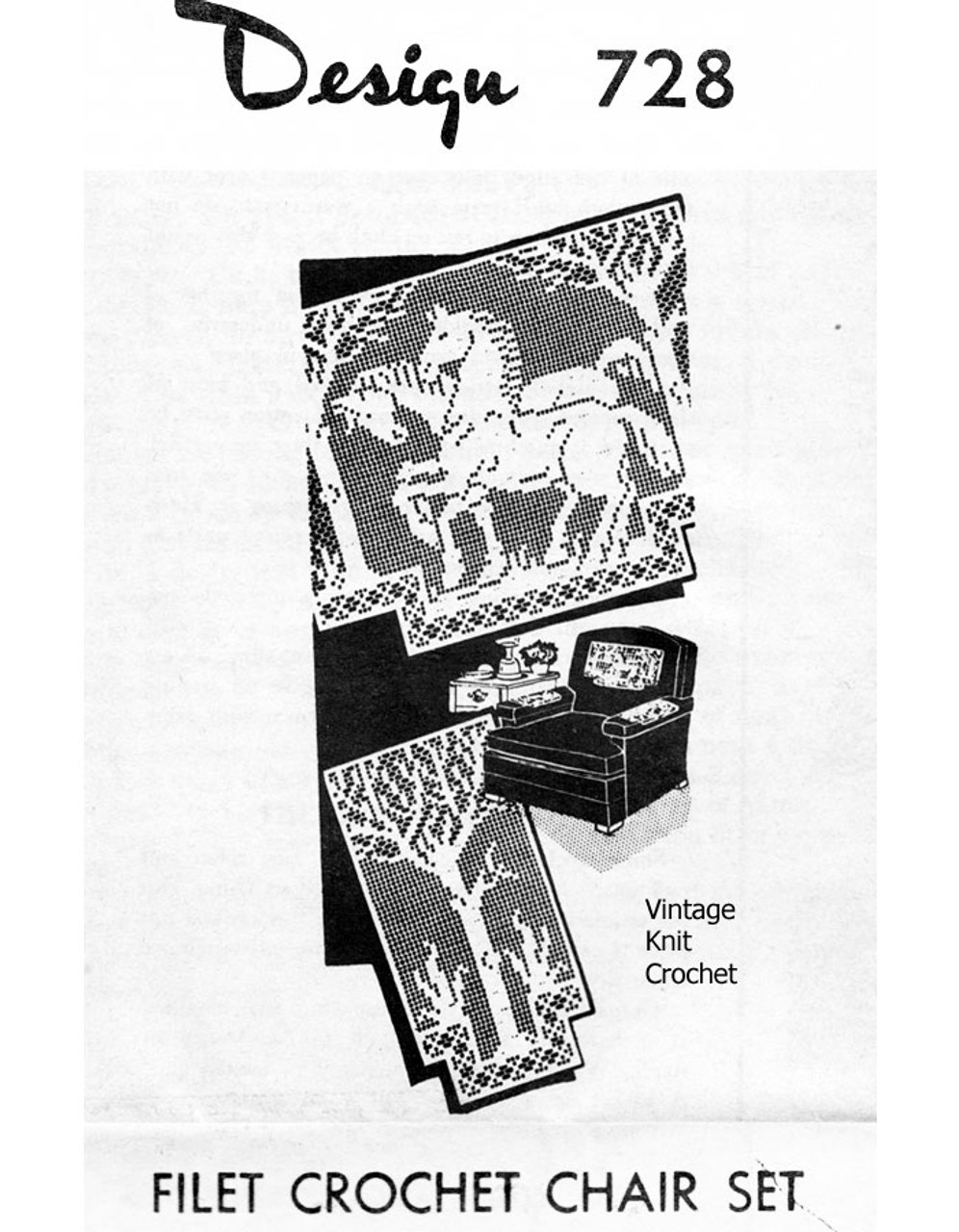 Filet Crochet Galloping Horses Pattern, Chair Set Design 728