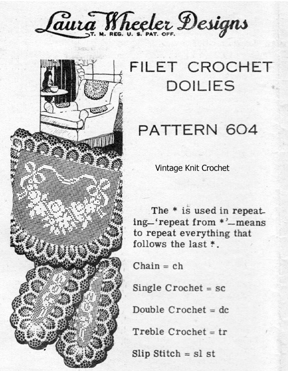 Rose Chair Set Filet Crochet Pattern Design 604, Pineapple Border