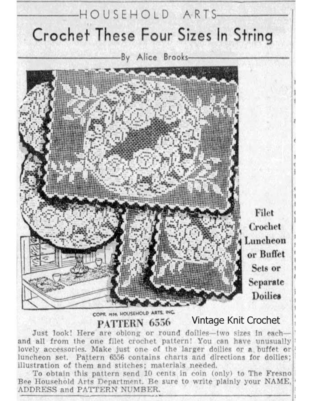 Alice Brooks 6556 Filet Rose Doilies Newspaper Ad from 1939