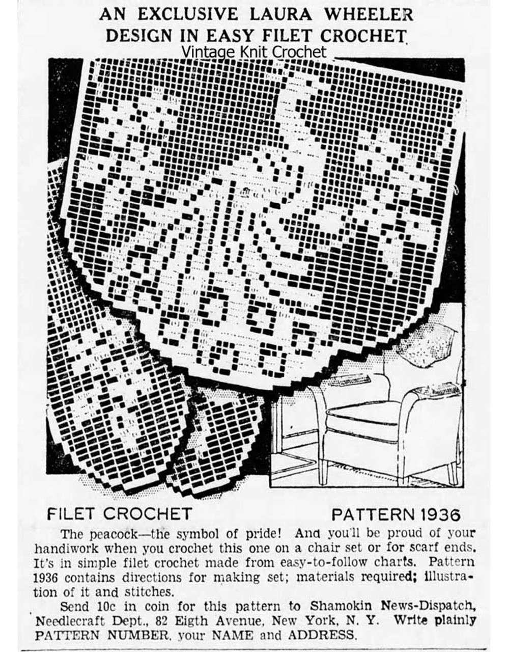 Vintage Laura Wheeler 1936 Filet Peacock Newspaper Advertisement