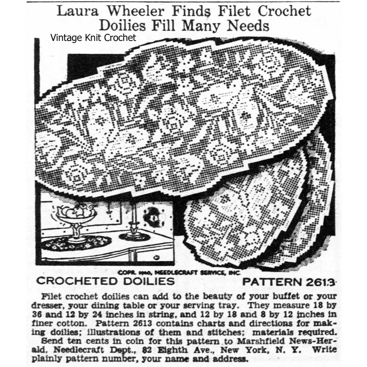 Laura Wheeler 2613, Filet Crochet Doilies Newspaper Advertisement