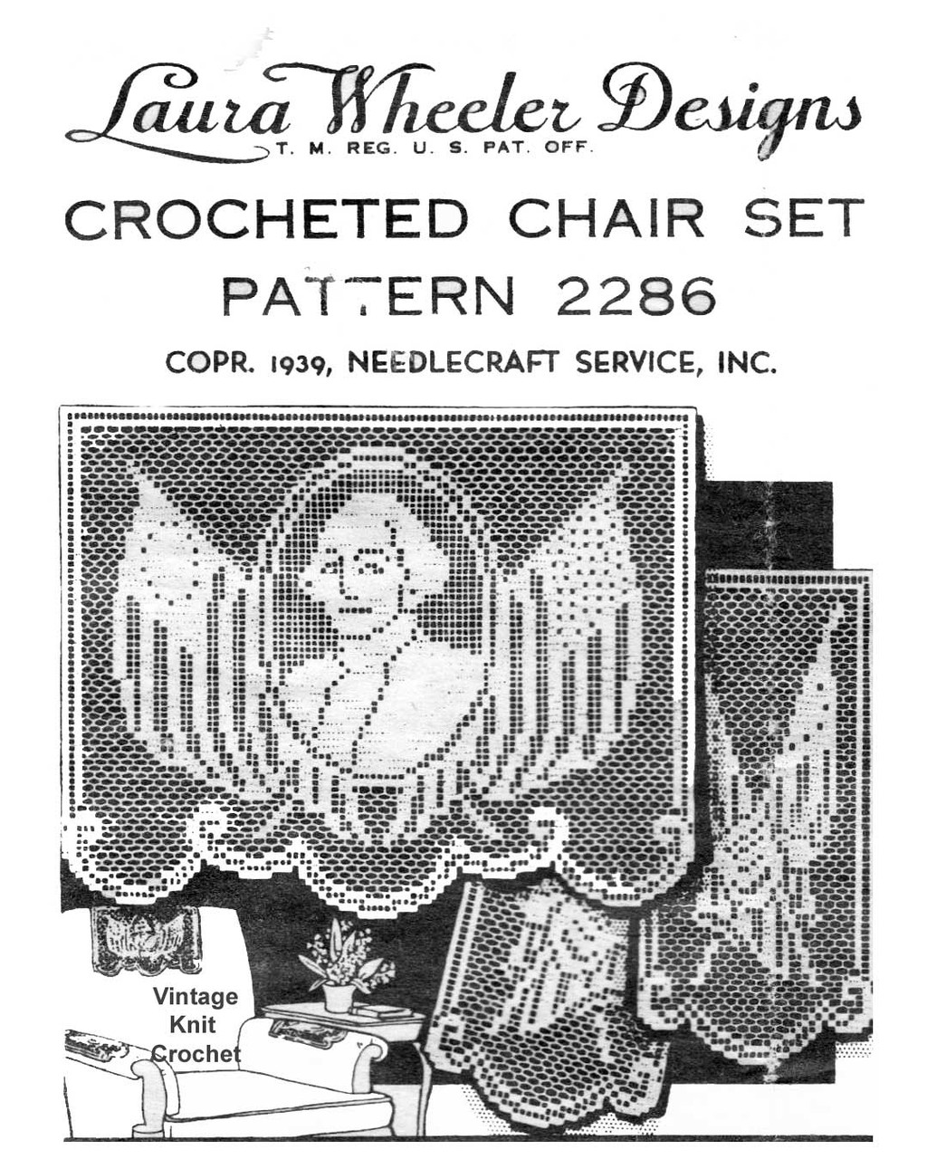 Patriotic Filet Crochet Pattern Design 2286, George Washington Chair Set 