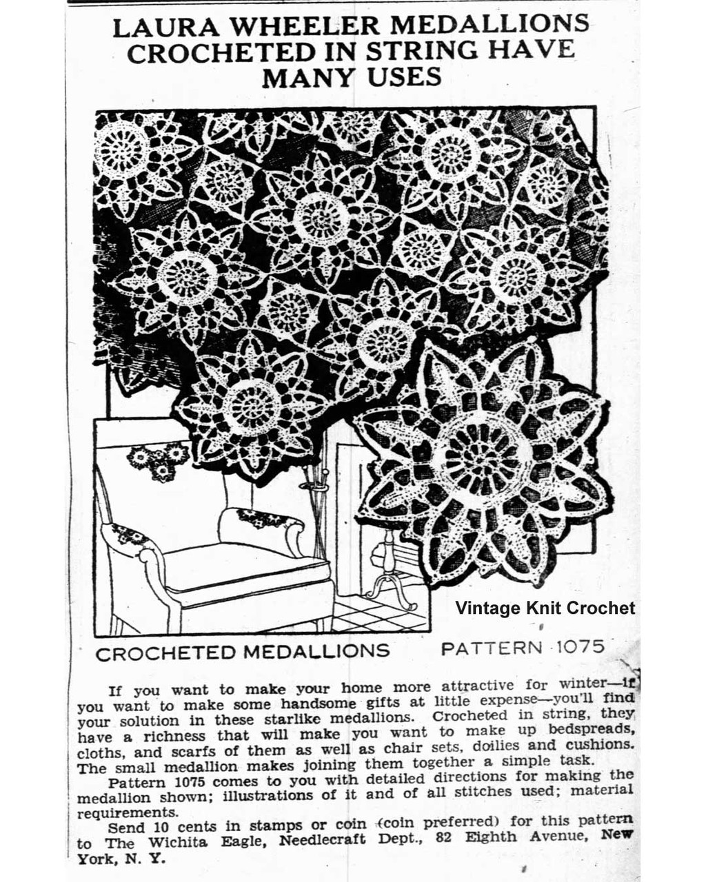Laura Wheeler 1075 Crochet Medallion Newspaper Advertisement