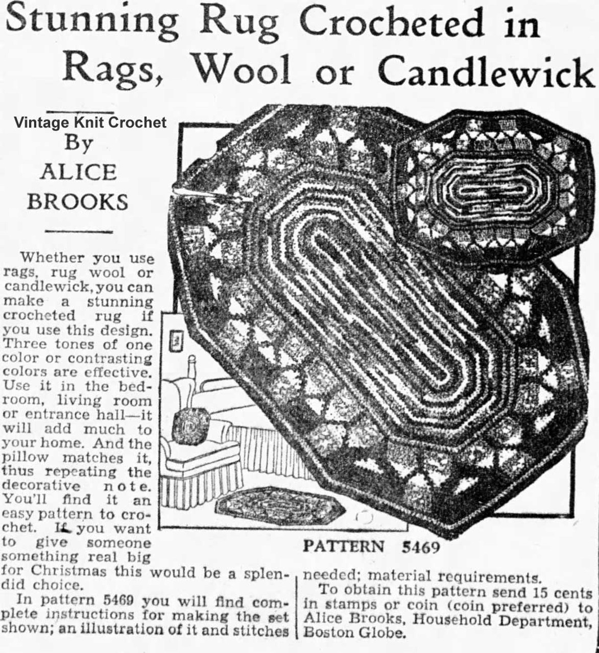 Alice Brooks 5469 Crochet Rug Pillow Pattern Newspaper Advertisement