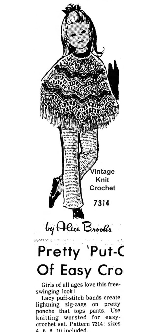 Alice Brooks 7314 Girls  Crochet Poncho Pants Set Newspaper Advertisement