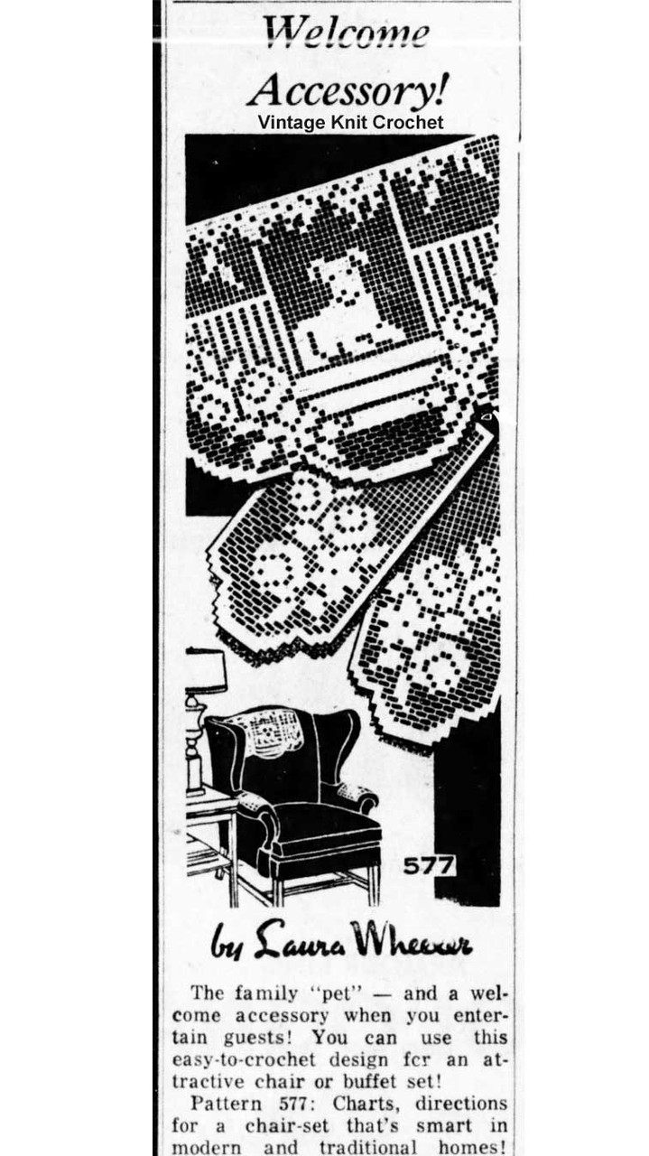 Vintage Puppy Filet Crochet Chair Set Newspaper Advertisement, Laura wheeler 577