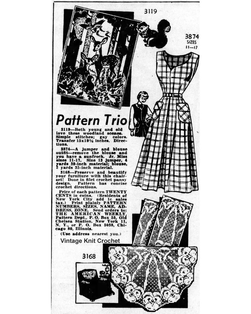 American Weekly Newspaper Advertisement, Design 3168 Filet Crochet Chair Set Pattern