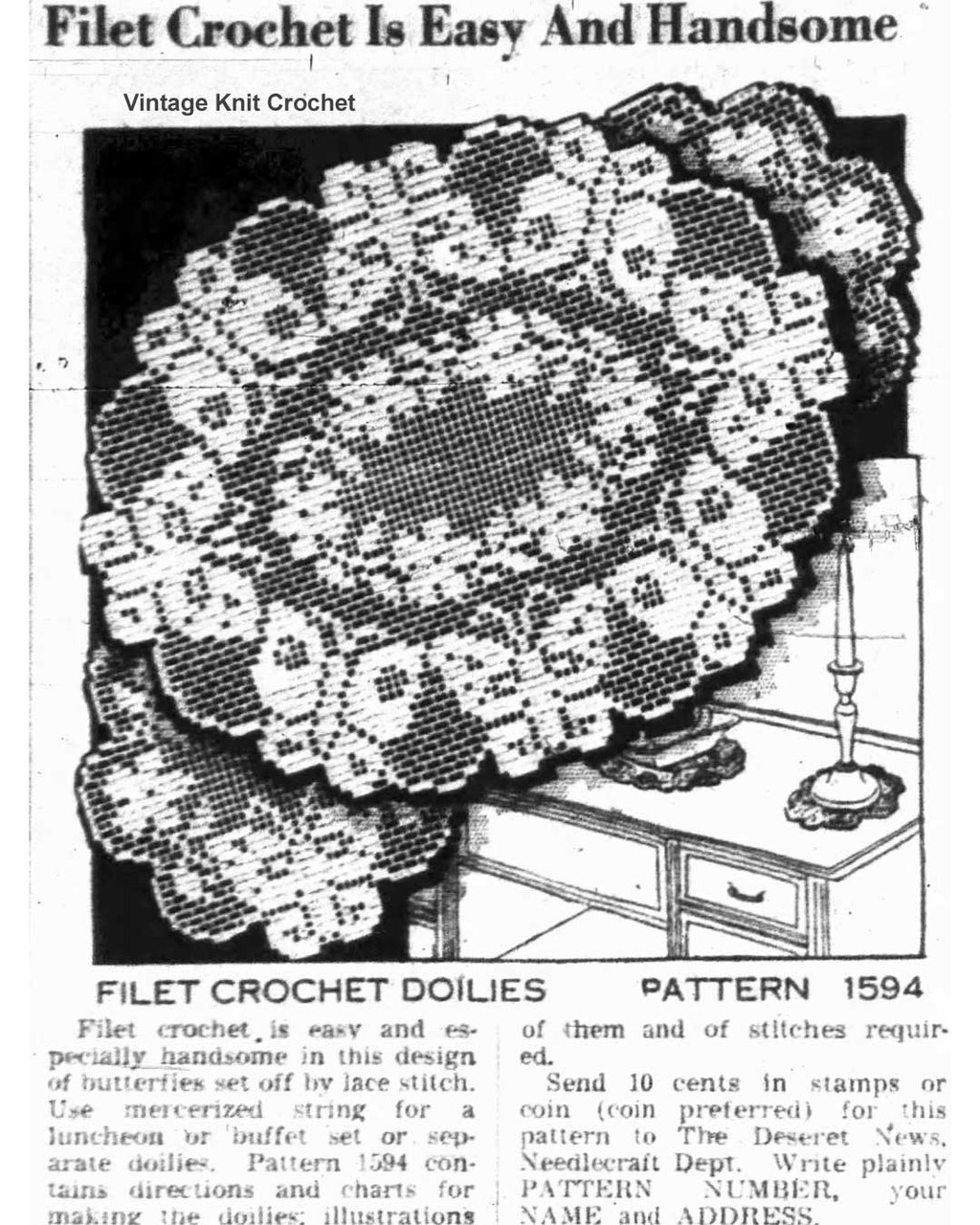 Design 1594 Newspaper Advertisement Filet Crochet Doilies Pattern