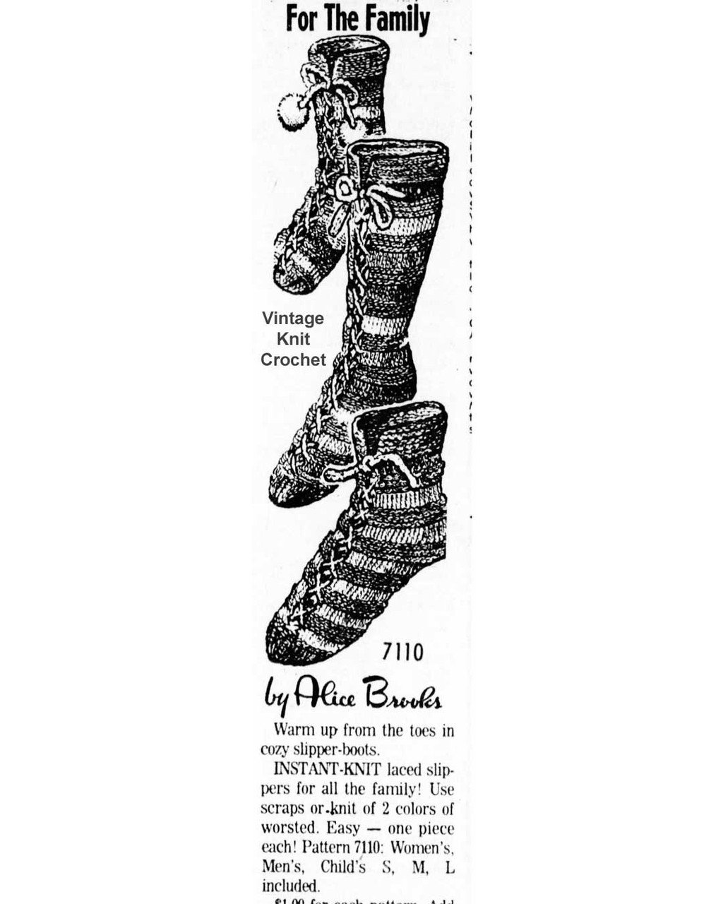 Alice Brooks Design 7110, Crochet Lace-Up Slipper Boots Newspaper Advertisement