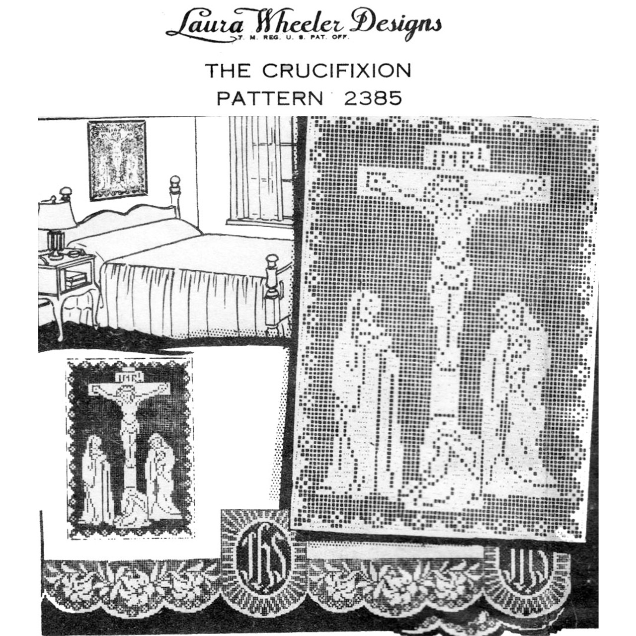 Filet Crochet Jesus Crucifixion Wall Panel Edging Pattern, Laura wheeler Design 2395