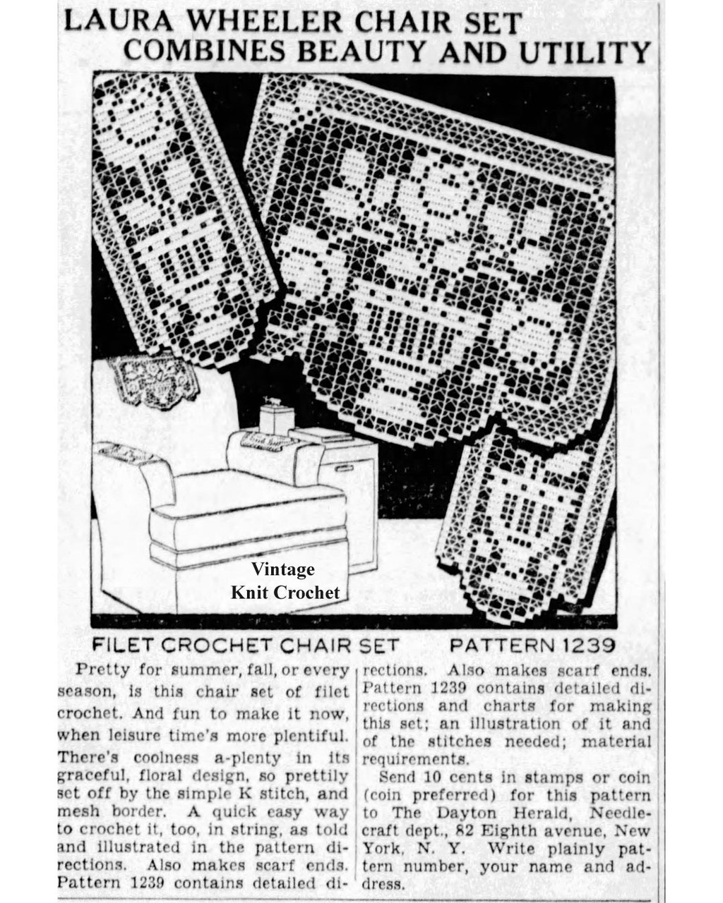 Mail Order Design 1239 Filet Crochet Chair Set Newspaper Advertisement