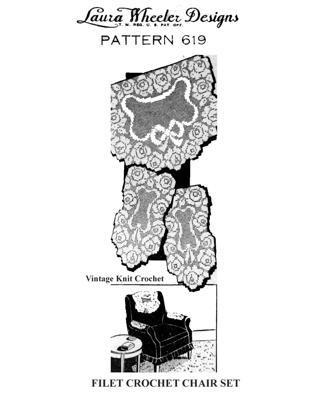 Rose Filet Crochet Chair Doily Pattern Set, Mail Order Design 619