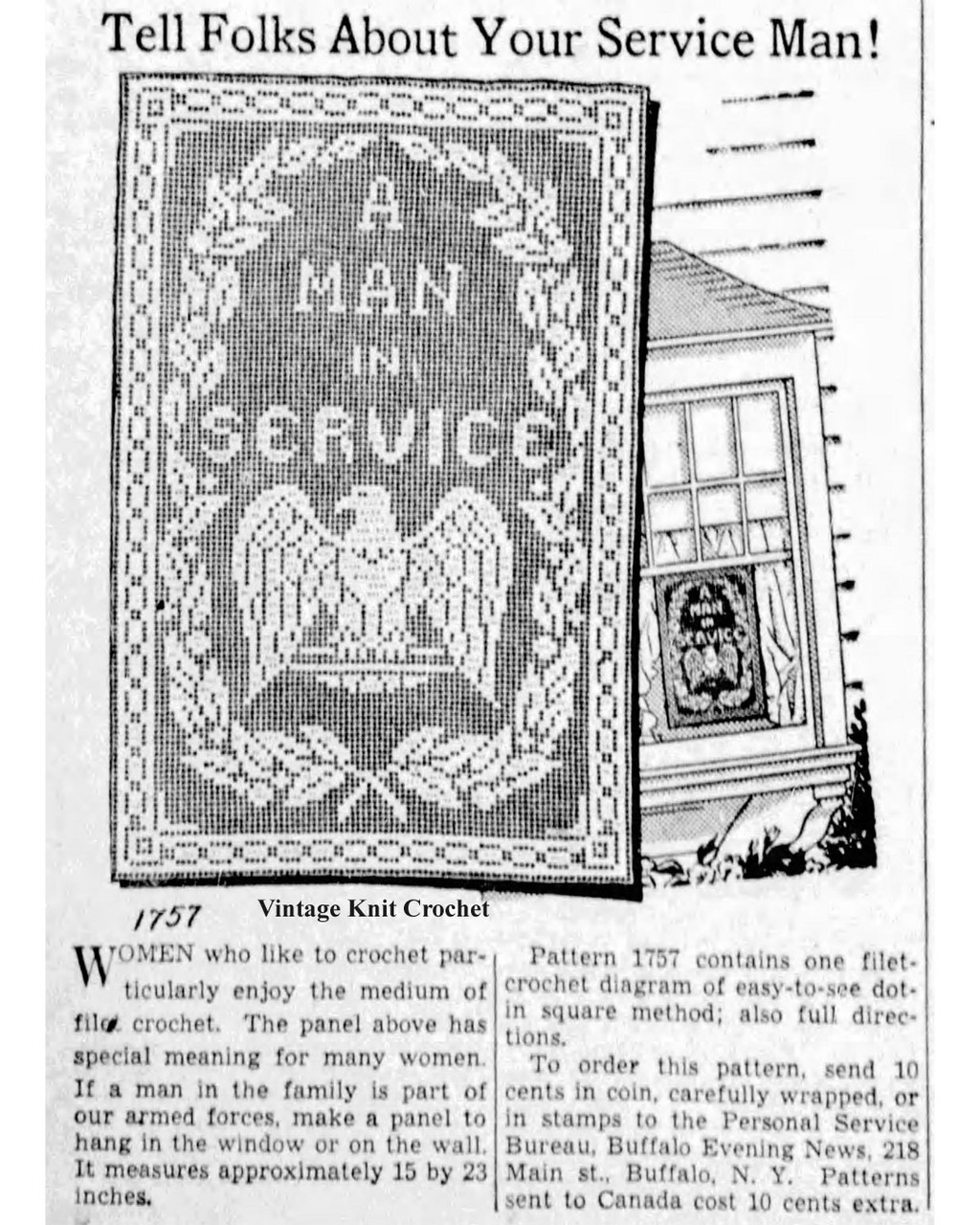 Mail Order Design 1757 A Man in Service Filet Crochet Panel Newspaper Advertisement 