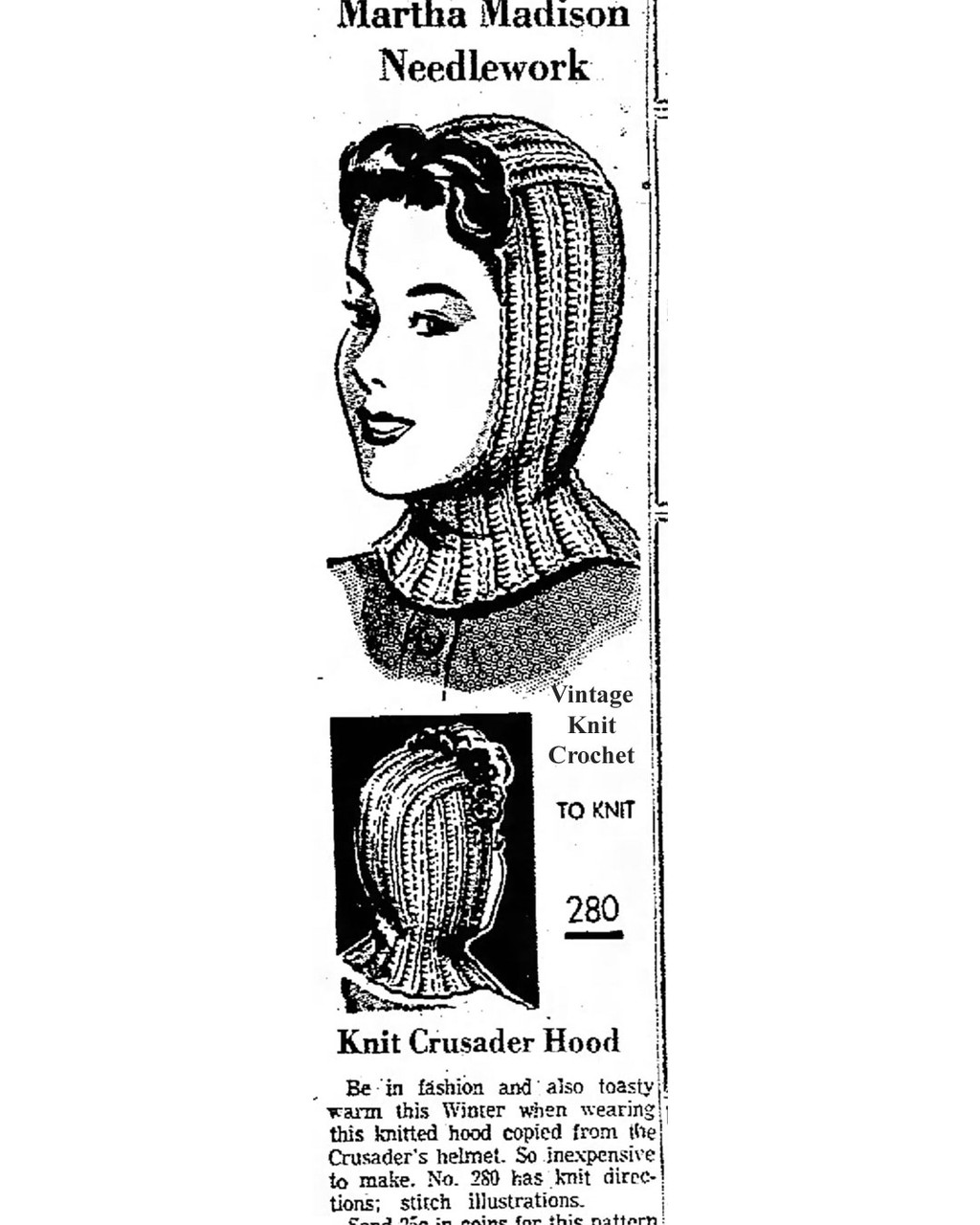 Mail Order No 280 Knitted Helmet Newspaper Advertisement