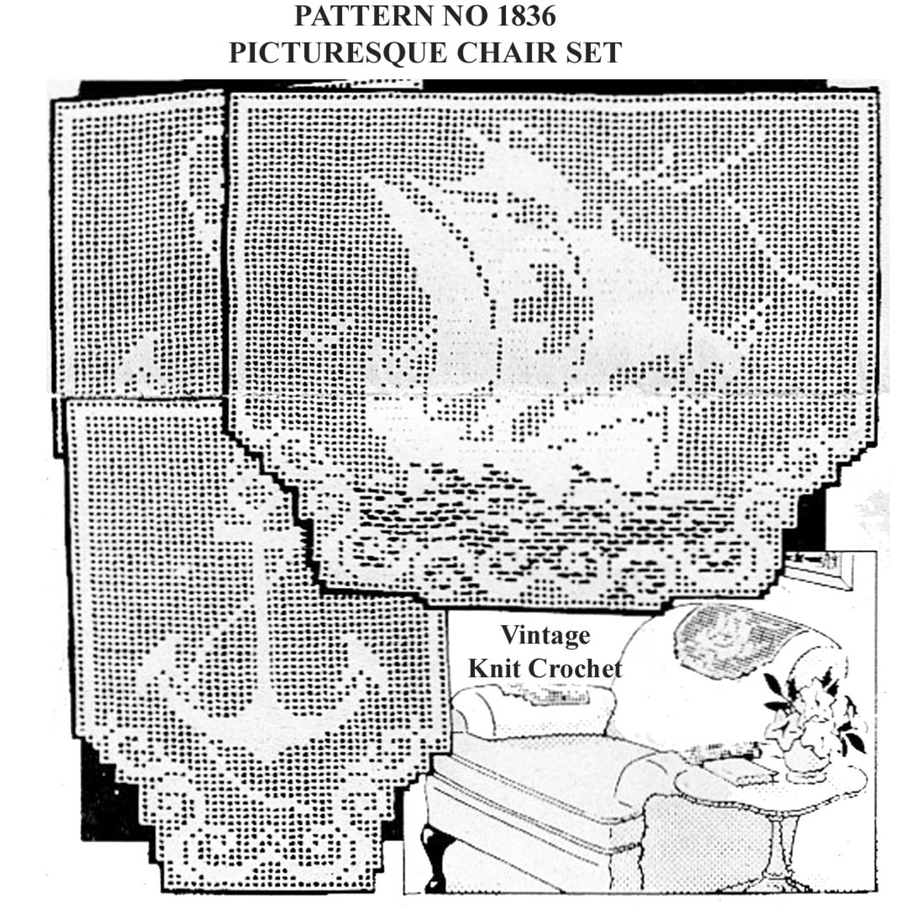 Vintage Filet Crochet Viking Ship Chair Set Pattern No 18436