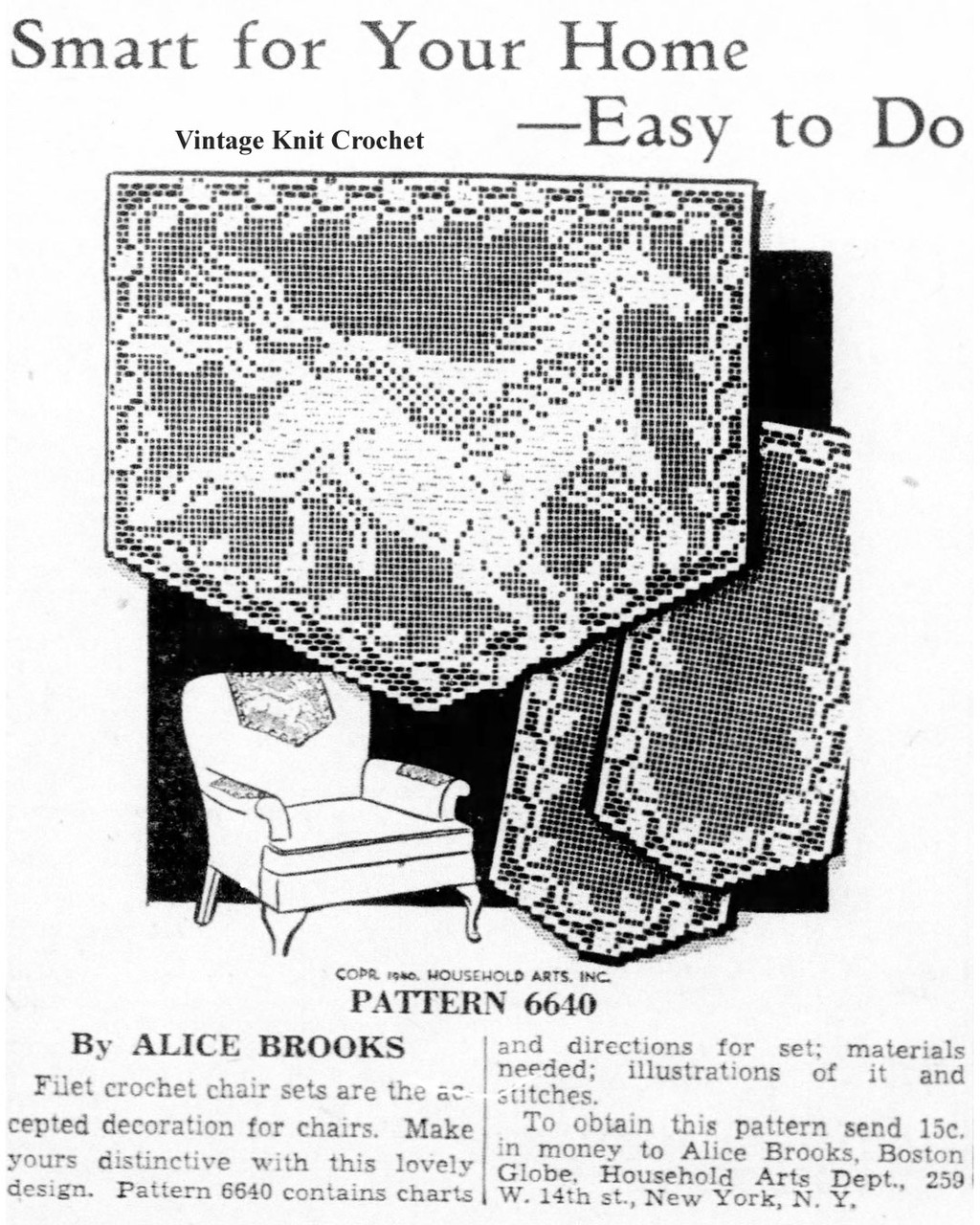 Vintage Filet Crochet Chair Doily Pattern, Running Horses, Mail