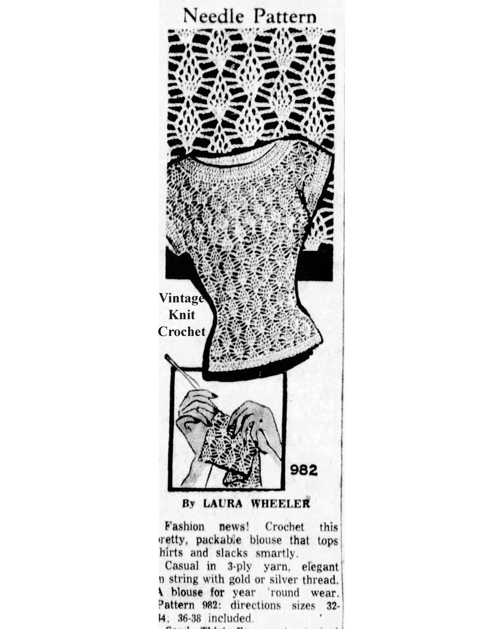 Mail Order Design 982. Crocheted Blouse Newspaper Advertisement 