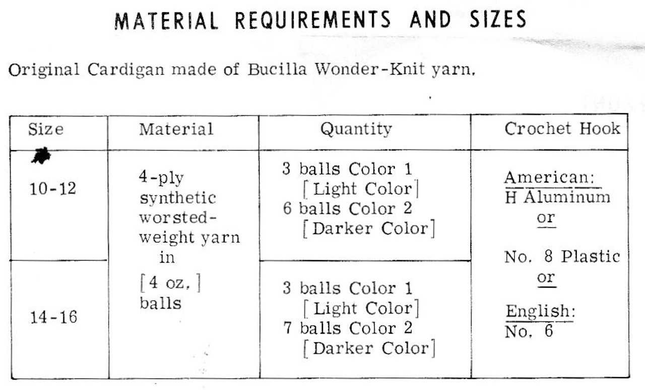 Cardigan Crochet Materials Chart 