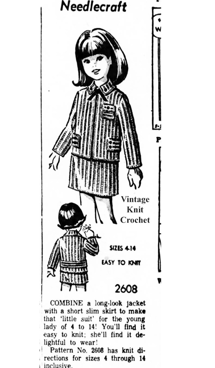 Mail Order No 2608 Girls Ribbed Suit Knitting Pattern newspaper advertisement