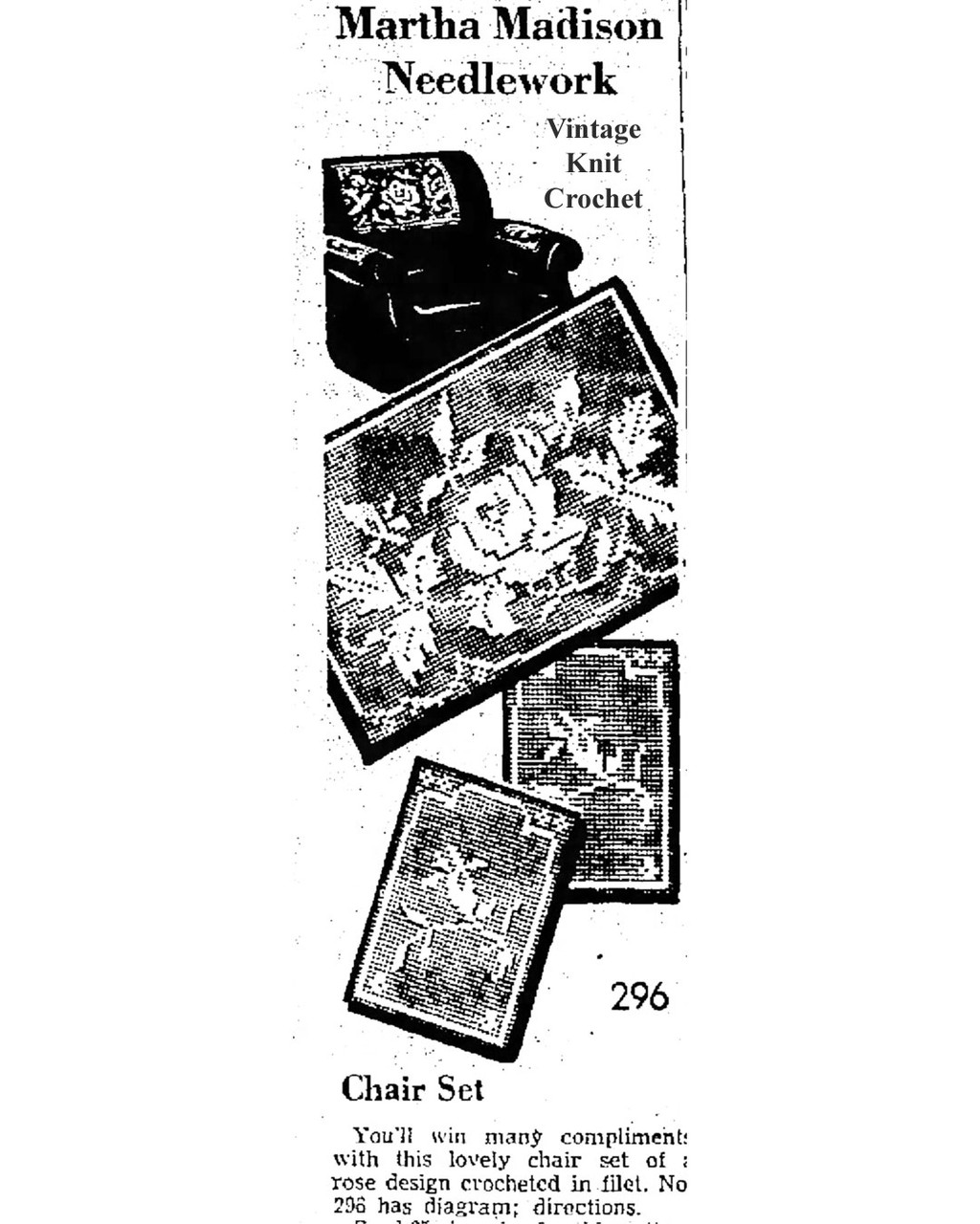 Mail Order Pattern 296, Filet Crochet Rose Chair Set Newspaper Advertisement 