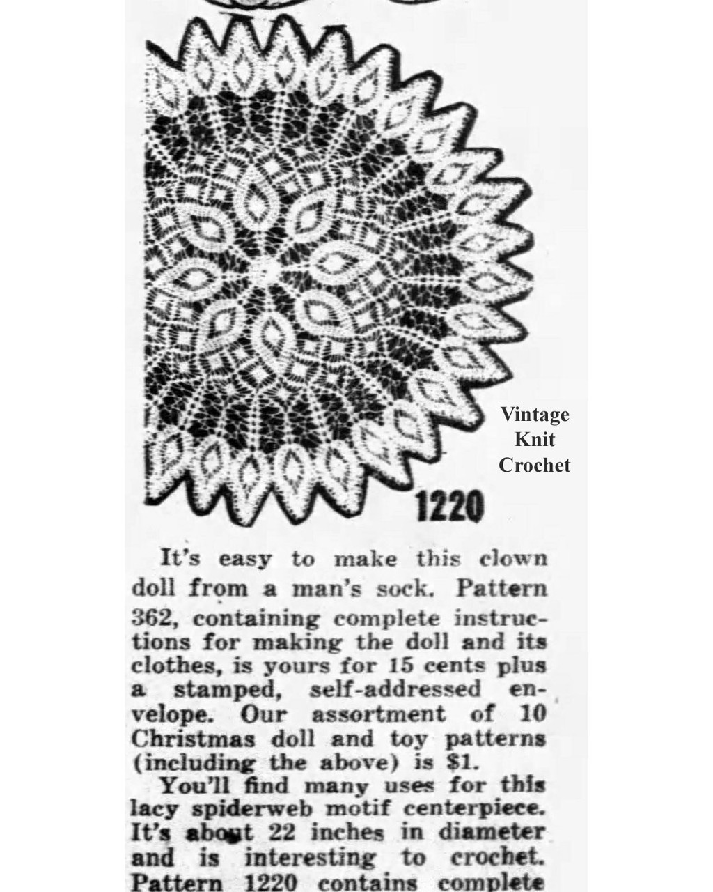 Mail Order Design 1220, Crochet Doily Newspaper Advertisement