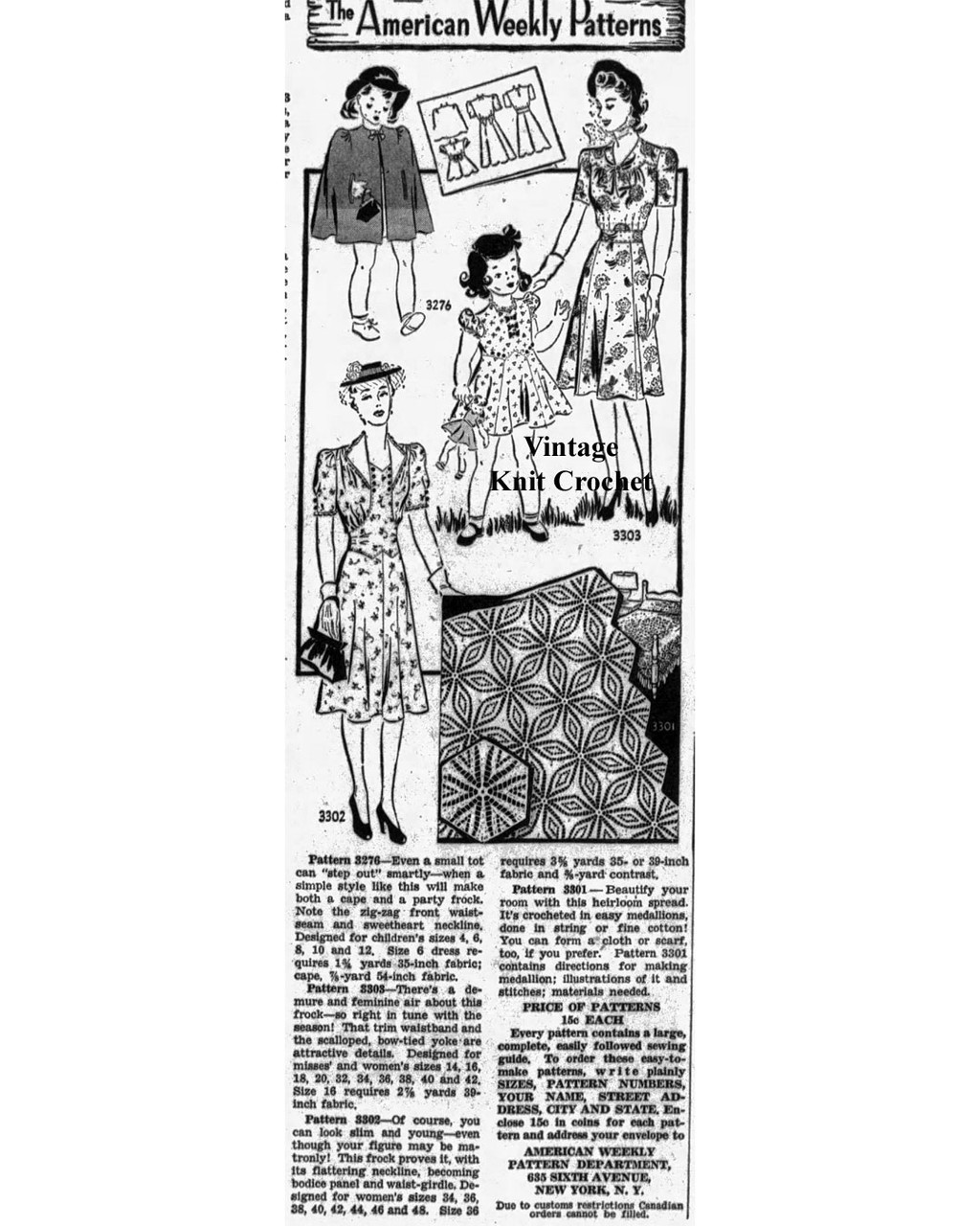 Mail Order Pattern No 3301, Crochet Medallion Newspaper Advertisement 