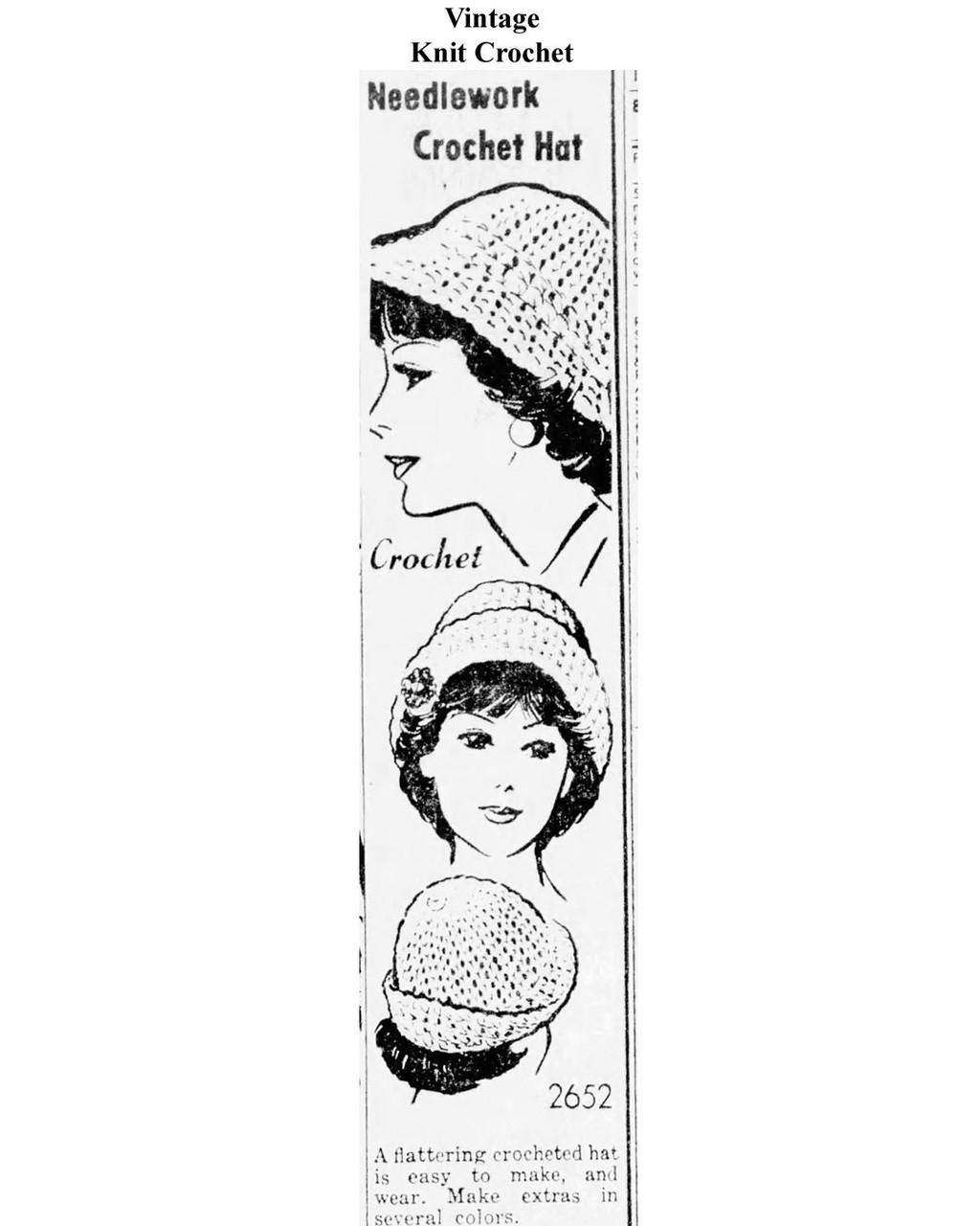 Mail Order Pattern No 2652, Crochet Hat Newspaper Advertisement 