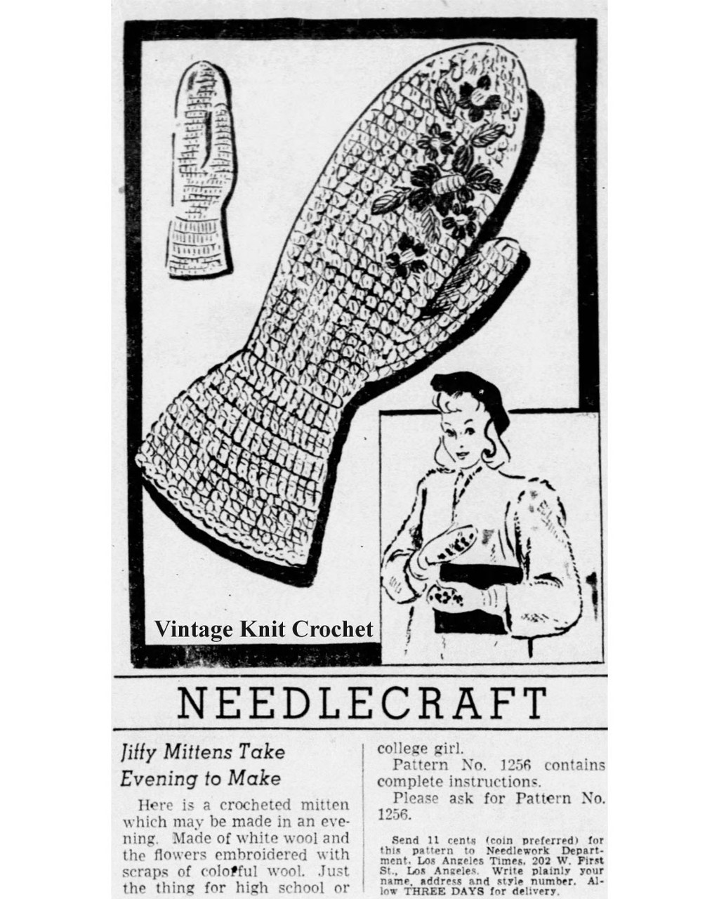 Misses Crochet Mittens Pattern with Embroidery Mail Order No 1256