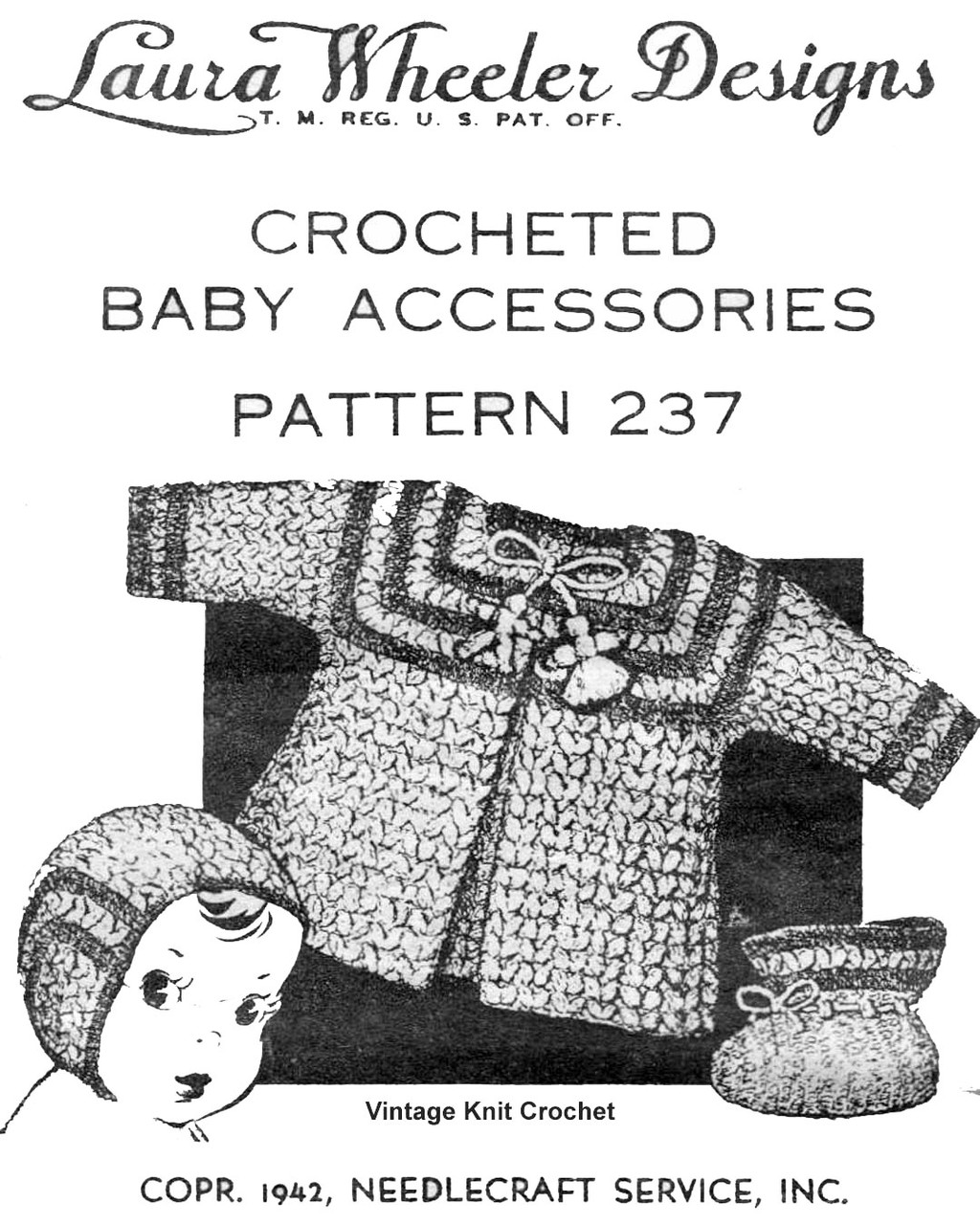 Vintage Crochet baby Set, jacket cap booties, Laura wheeler Design 237