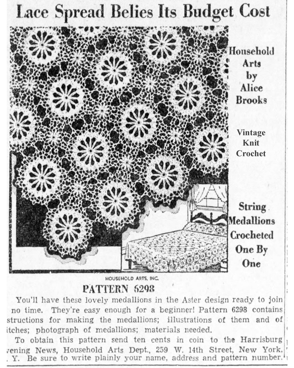 Vintage 1930s crochet medallion newspaper advertisement for Alice Brooks Design 6298