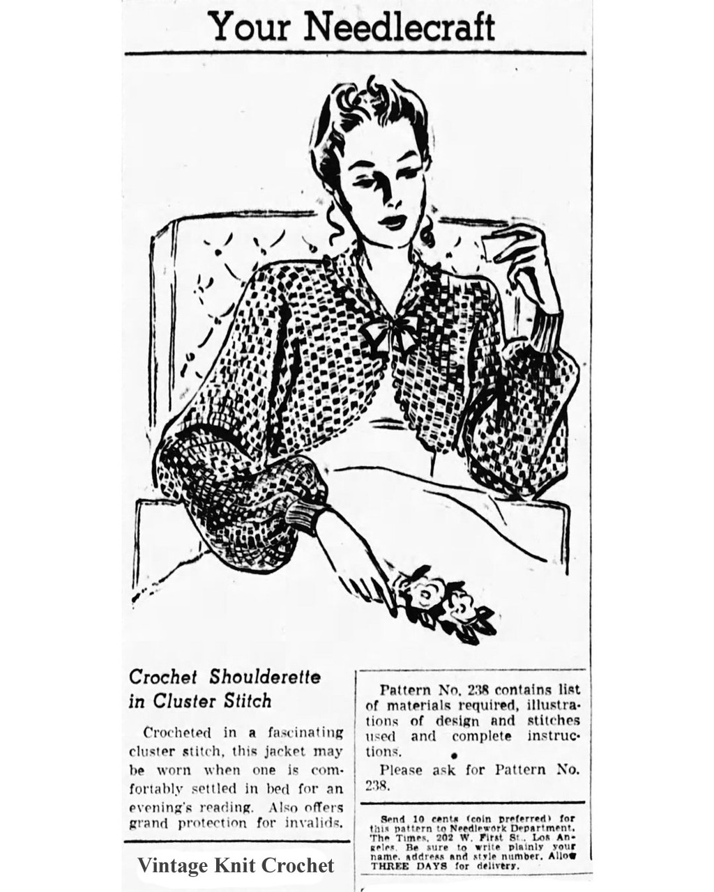 Vintage Needlework Bureau Newspaper Advertisement for Design 238, Crochet Shoulderette